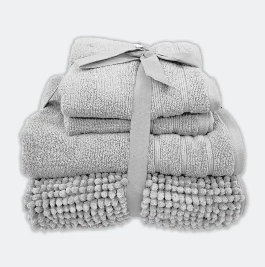 Set di asciugamani e tappetini da bagno con nastro, confezione da quattro -  Grigio Chiaro
